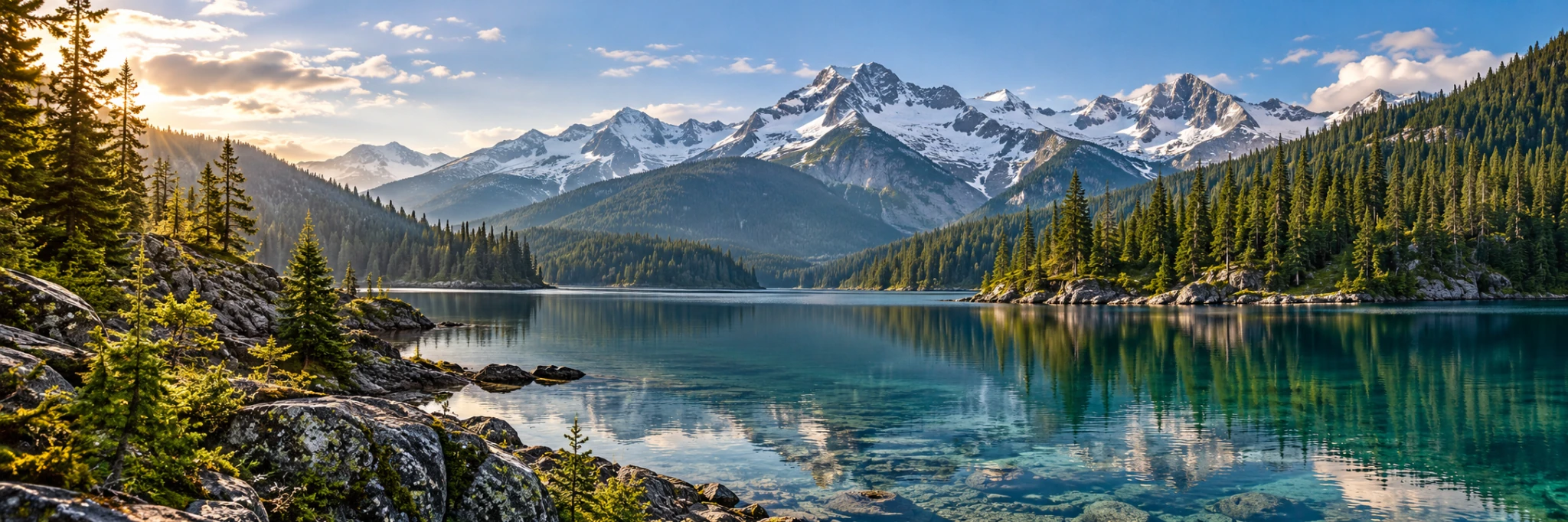 Snowcapped mountains and evergreen forest reflected in a clear alpine lake