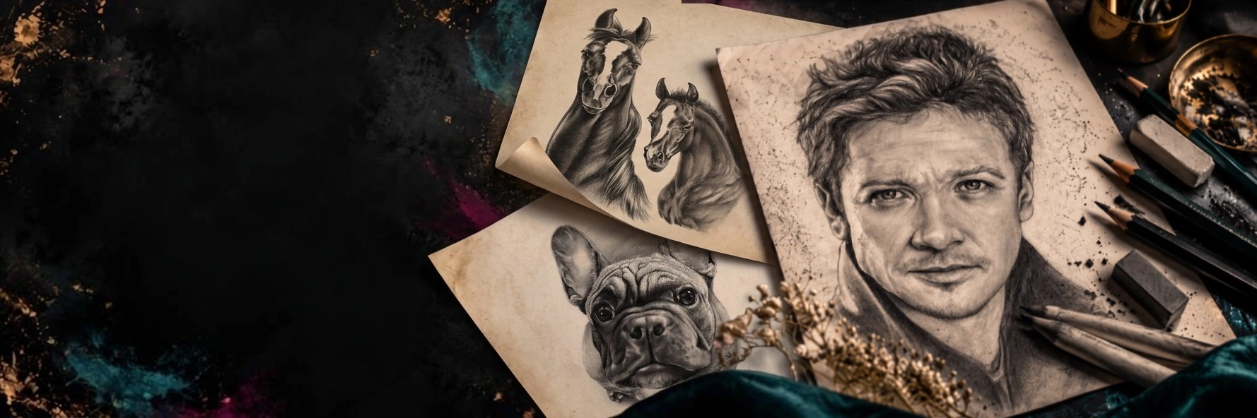 Graphite portraits of Jeremy Renner, Arabian horses and a French Bulldog with pencils and art materials