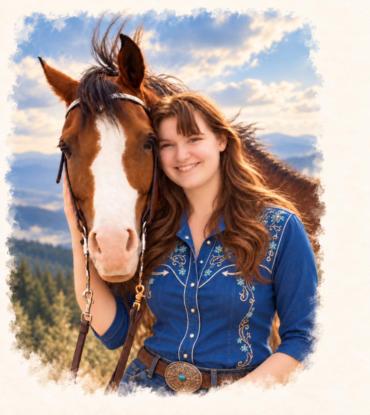 Artistic portrait of Bridgette with her horse Angel in the mountains