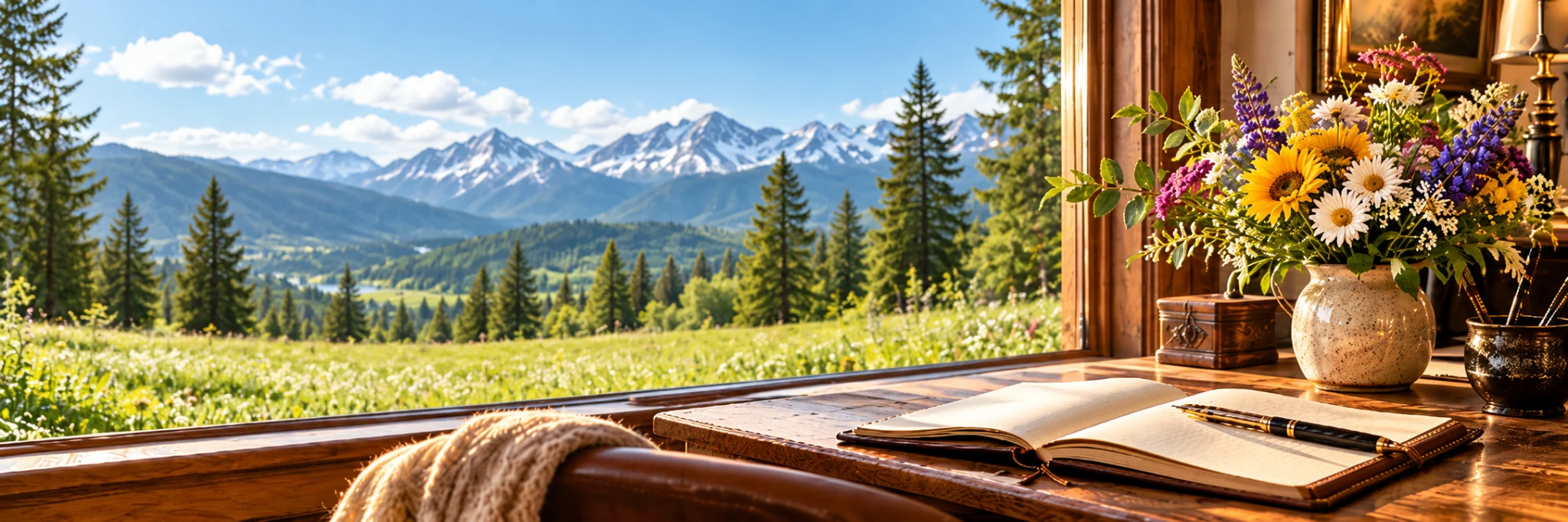 An open notebook and pen beside bright flowers, overlooking a pine-filled mountain meadow