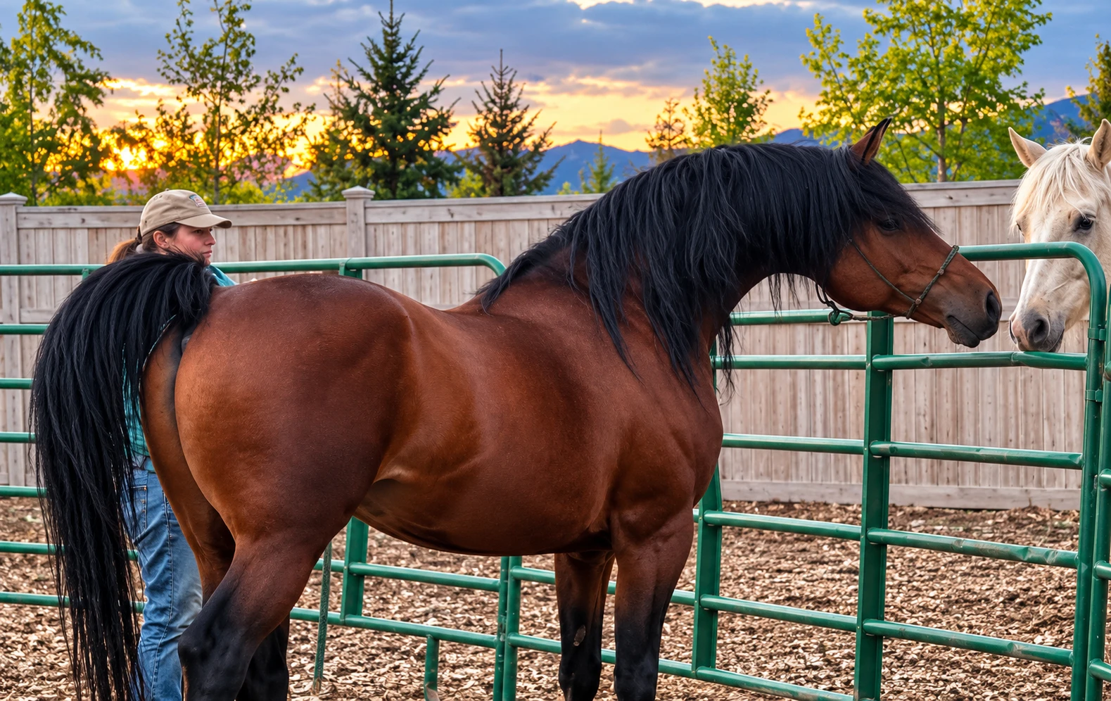 HC Elitist with Bridgette in the round pen at sunset