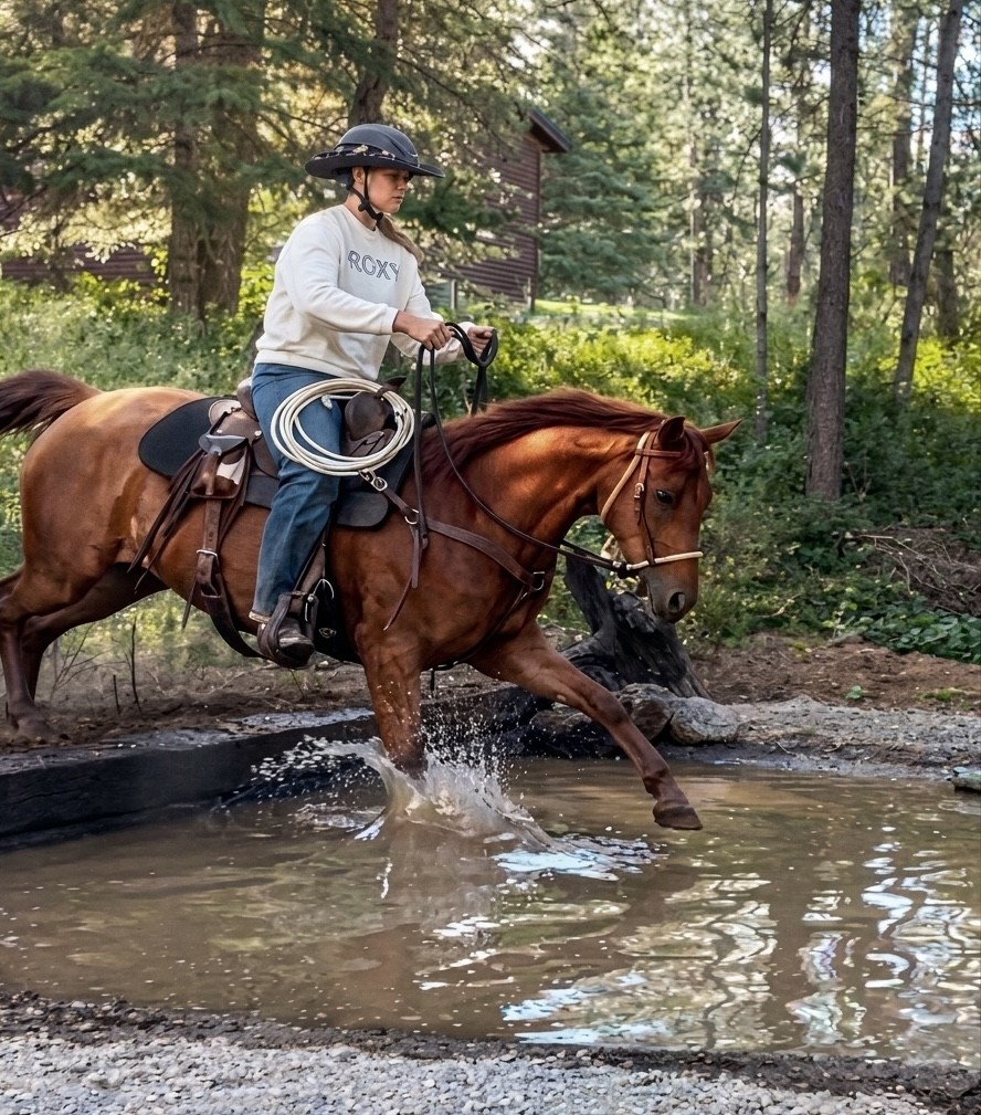 Little Bit being ridden through water