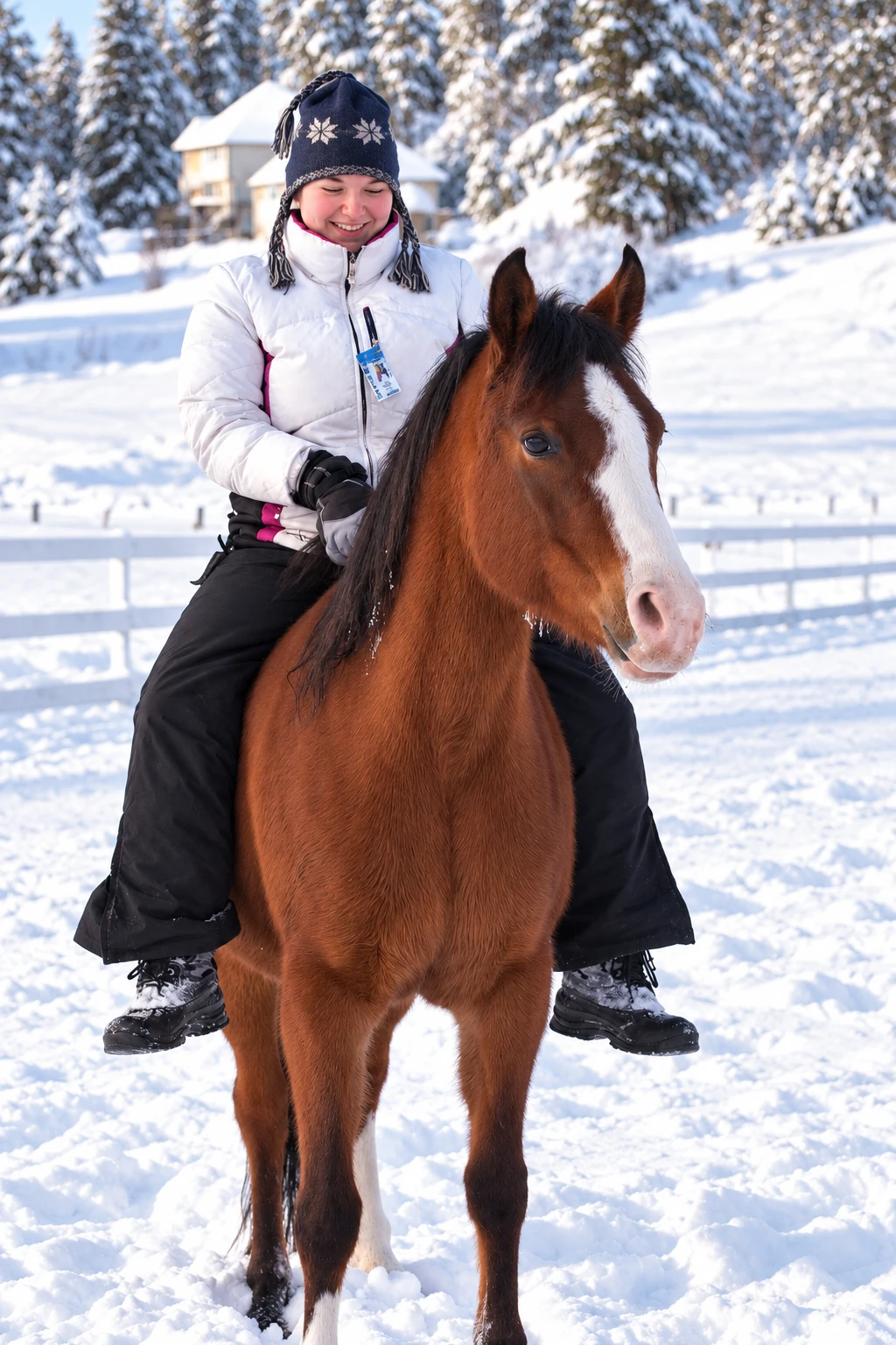 Bridgette riding her bay mare without a bridle in the snow