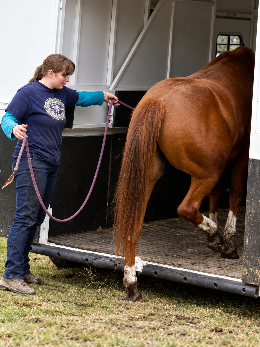 Bridgette guiding a horse into a trailer