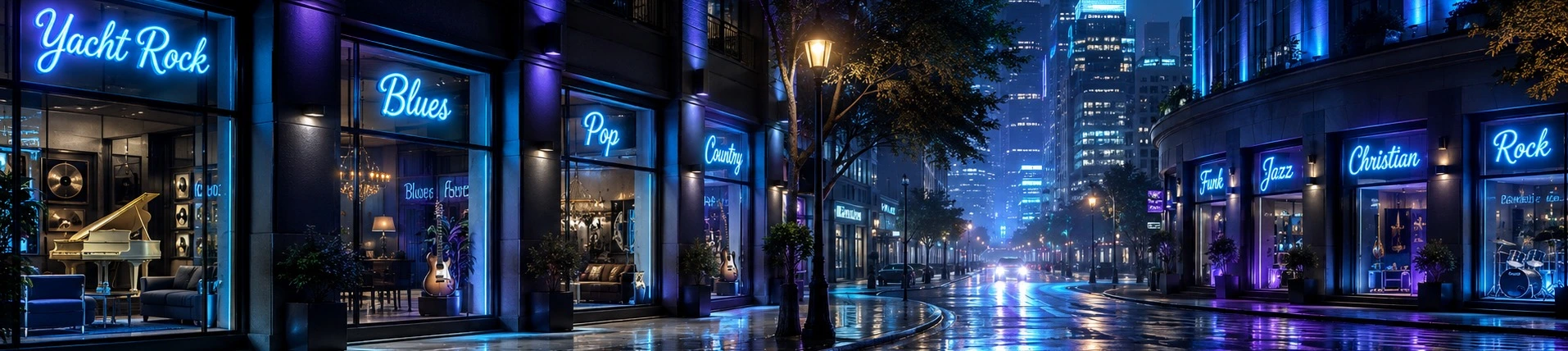 A blue and purple illuminated city street with music-themed storefronts